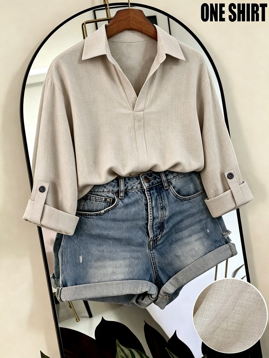 SHEIN Franclia Women's Beige Lapel Pullover Shirt, Loose Lazy Casual French Commute Top Brunch Vacation Summer - Khaki - View 1