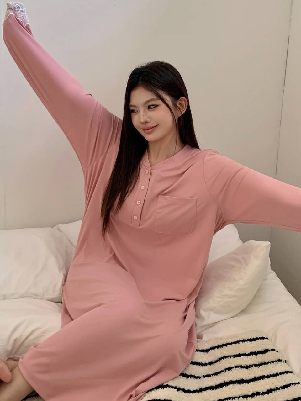 Dazy Plus Solid Color Contrast Lace Cuff Loose Elegant Pink Long Loungewear Nightgown Spring Summer Autumn