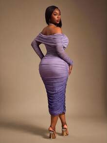 Radiana Curve Plus Size Elegant Off-Shoulder Gradient Ruched Fitted Dress Fall - Purple - View 2