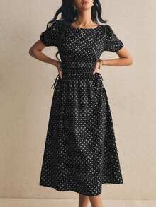 Poéselle Vestido largo casual de mujer con lunares y plisado para fiesta y viaje - Negro - Ver 6