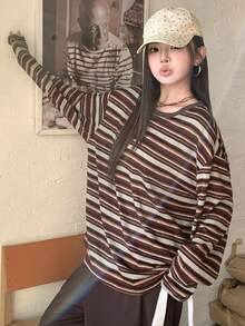 Dazy Plus Autumn New Striped Loose Casual Plus Size T-Shirt - Brown - View 8