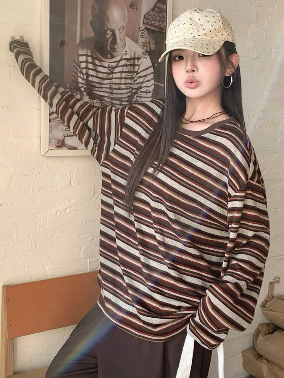 Dazy Plus Autumn New Striped Loose Casual Plus Size T-Shirt