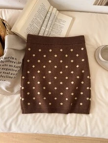 CosyJoli Lässiger Damen-Strickrock für Zuhause und Feiertage, figurbetonter Bodycon-Rock für Herbst/Winter, kaffeebraun mit gelben Punkts, Strickrock mit Schleife vorne - Kaffeebraun - Übersicht 2