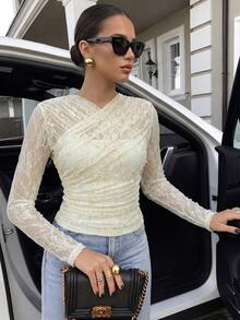 Firerie Elegant Chic Women's V Neck Lace Overlay Long Sleeve Top Cropped Fitted Lace Ruched Crossover Design Day Outfits For Womenwinter Outfits For Women - Pale Yellow - View 3