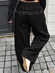Dazy Plus Loose Fit Solid Color Street Casual Curved Leg Long Jeans With Rivet Design, Spring/Autumn/Winter - Black - View 6