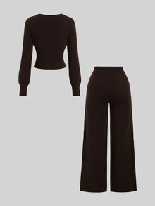 Sweetra Lazy Casual Ribbed Deep Coffee V-Neck Single-Breasted Sweater 2 Pieces Set - Coffee Brown - View 2