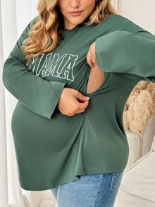 Plussiva ملابس علوية رضاعة للأمومة بمقاس كبير مطبوعة بحروف - أخضر - مشاهدة 1