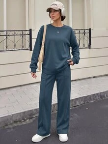 SHEIN 秋季休閒純色運動衫與運動長褲2件套 - 藍色 - 查看 6