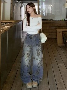 DAZY Women's Casual Vintage Streetwear Daily Everyday Day Time Denim Jeans With Pocket, Button And Floral Pattern Cute Tops Blue Floral Summer - Blue - View 6