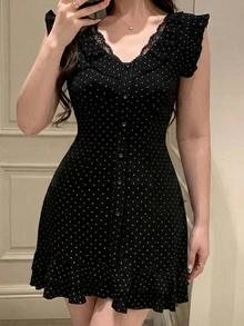 Dazy Plus Lace Patchwork Polka Dot All-Over Print Short Waist-Cinching Dress, Sleepwear - Black - View 3