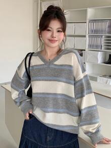 Dazy Plus Contrast Stripe Loose Long Sleeve V-Neck Casual Vintage Pullover Knit Sweater, Autumn/Winter - Grey - View 6