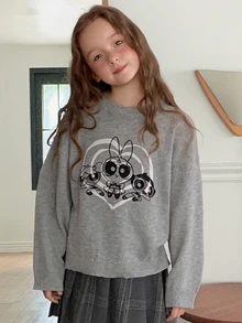 THE POWERPUFF GIRLS X DAZY Tween Girl Cartoon Pattern Long Sleeve Top And Skirt Knit Set Fall - Grey - View 1