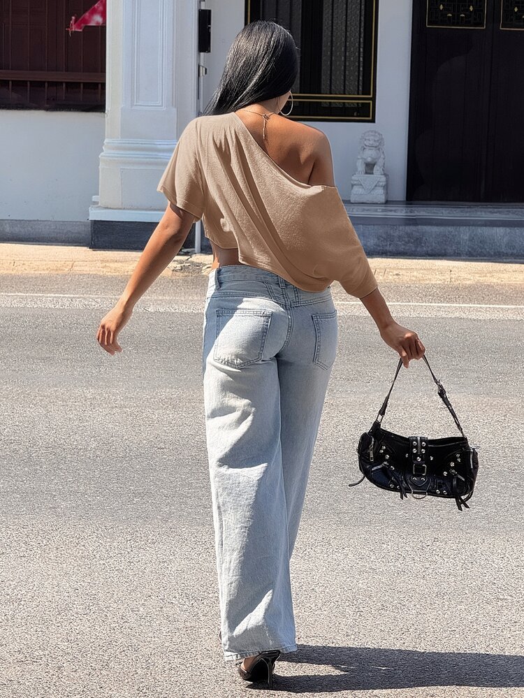 Slaydiva Summer Fashion Slouchy Casual Asymmetrical Neck Ruched Waist Loose Drop Shoulder Short Sleeve T-Shirt Women White T-Shirt Top-A - Coffee Brown - View 2