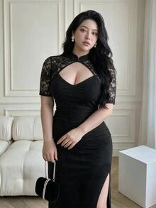 Vibekara Fashionable Cheongsam Collar Lace Patchwork Long High Slit Dress - Black - View 7