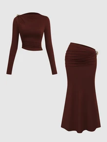 Sweetra Women's Elegant High-End Charming Fashion & Metal Buckle Design & Same Color Comfortable Milk Silk Red-Brown 2 Pieces Set - Brown - View 1