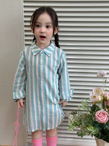 DAZY 女嬰條紋拼接休閒日常夏季洋裝 - 藍色 - 查看 1