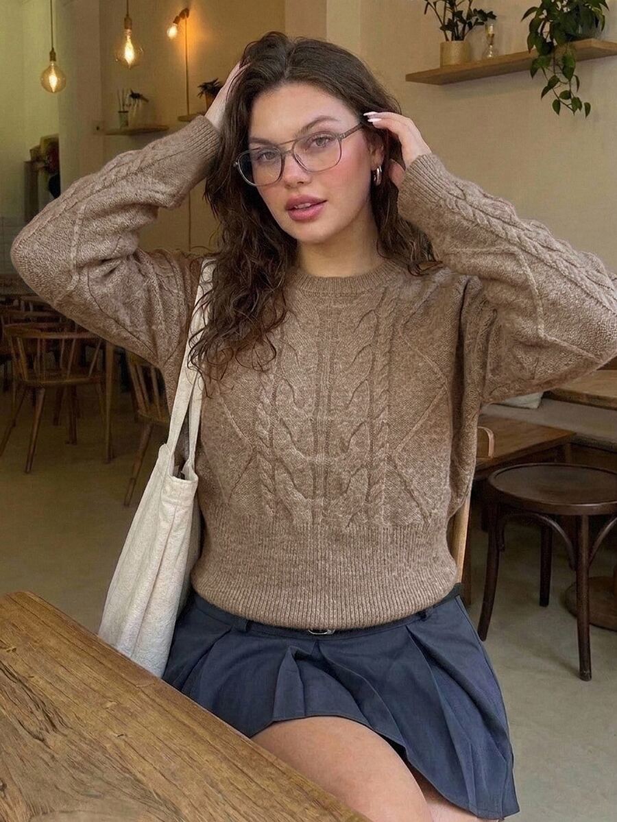 Dazy Plus Plus Size Braided Cable Knit Fitted Waist Casual Blogger Hot Girl Sweater Top, Autumn/Winter - Khaki - View 1
