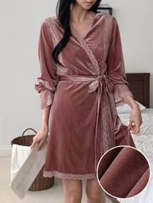 DAZY Women's Elegant Lace Trim Robe With Belt Fall - Dusty Pink - View 3