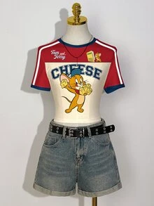 TOM & JERRY X SHEIN 女款字母卡通印花短袖T恤修身版全印花 - 白色 - 查看 5