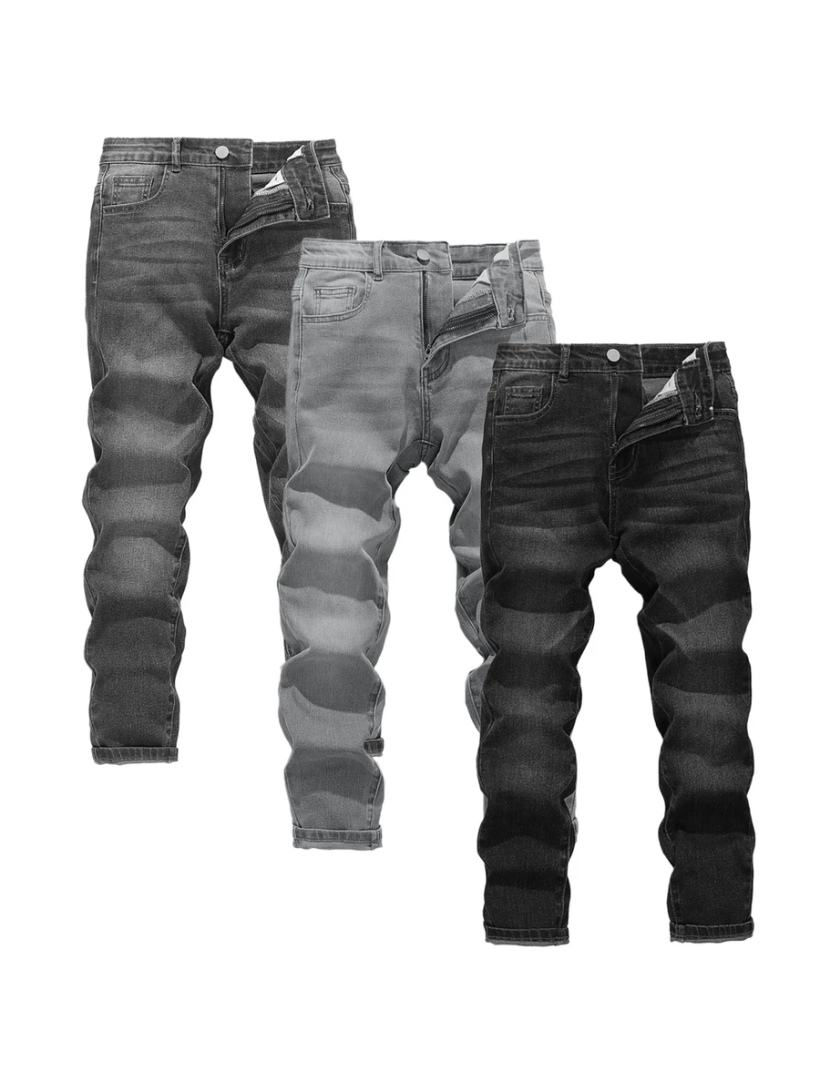 SHEIN Vacaura 3 piezas/Set Pantalones largos de mezclilla para niño preadolescente, Suave, Algodón, Casual, de Moda, Versátil, Cómodo, Minimalista, Cintura Elástica, Clásico 5 Bolsillos Ajuste Slim con Estiramiento, Lavado Negro Gris + Lavado Gris + Lavado Gris Claro, Adecuado para Uso Diario y Vacaciones - Multicolor - Ver 1