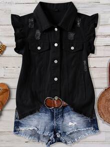 EMERY ROSE EMERY ROSE Women's Distressed Cap Sleeve Denim Jacket - Black - View 1
