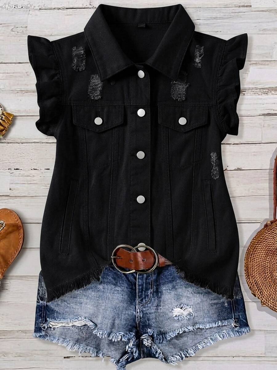 EMERY ROSE EMERY ROSE Women's Distressed Cap Sleeve Denim Jacket - Black - View 1