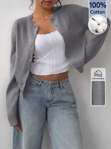 SHEIN BASICS 女款秋冬休閒純色開襟羊毛衫 - 深灰色 - 查看 5
