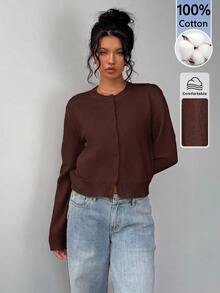 SHEIN BASICS 女款秋冬休閒純色開襟羊毛衫 - 咖啡棕 - 查看 3