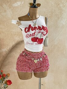 Soleia Plus Size Sexy Asymmetrical Shoulder Metal Flower Decor Top And Plaid Ruffle Hem Shorts 2 Pieces Set - Red - View 5
