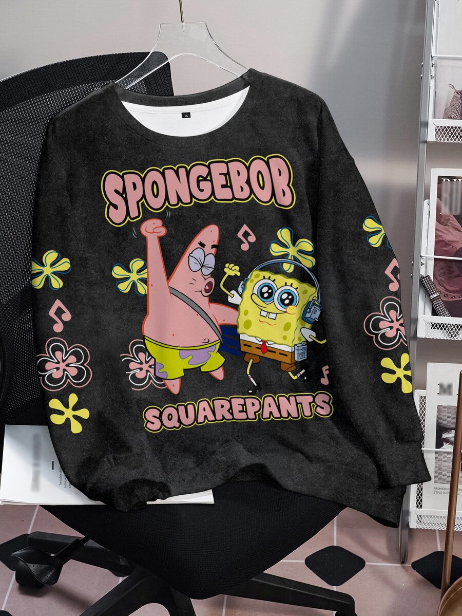 SpongeBob SquarePants | SHEIN Plus Size Cartoon Print Crew Neck Sweatshirt Fall - White - View 1