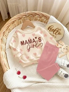 珊瑚粉 可愛愛心字母 Mama'girl❤ 嬰兒女童休閒舒適柔軟加厚保暖圓領長袖衛衣與內搭褲套裝，適合秋冬日常穿著，舒適時尚 - 彩色 - 查看 4