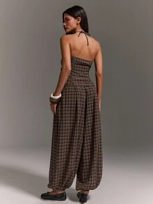 Athîral Women's Brown Plaid 2 Pieces Set,Halter Neck Wrap Tie Top,Sleeveless Backless Blouse,Balloon Pants For Daily Wear,Dating And Parties,Holiday Clothes - Coffee Brown - View 6