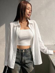 DAZY 女款純色極簡單排扣長袖襯衫 - 白色 - 查看 4