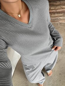Dazy Plus Fashion Striped Fitted Long Sleeve Top & Long Pajama Pants 2-Piece Set, Spring/Autumn Sleepwear - Grey - View 2