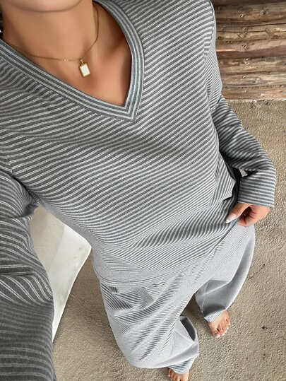Dazy Plus Fashion Striped Fitted Long Sleeve Top & Long Pajama Pants 2-Piece Set, Spring/Autumn Sleepwear