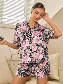 Betty Boop x SHEIN Women's Floral & Leopard Print Button-Up Top And Shorts Pajama Set - Brown - View 1