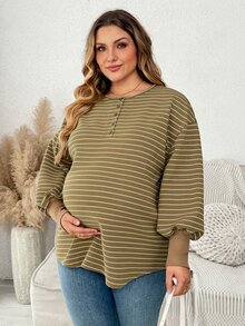 Plussiva 大尺碼孕婦條紋鈕扣半開襟長袖上衣 - 綠色 - 查看 1