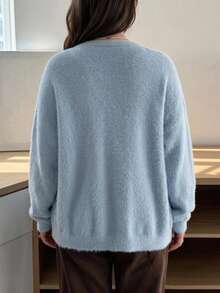 Dazy Plus Solid Color Loose V-Neck Long Sleeve Casual Vacation Elegant Girl Sweater Autumn/Winter Knit Cardigan - Baby Blue - View 3