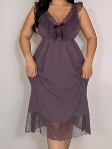 Dazy Plus Romantic Mesh & Lace Patchwork Ruffle Backless Camisole Nightgown - Purple - View 2