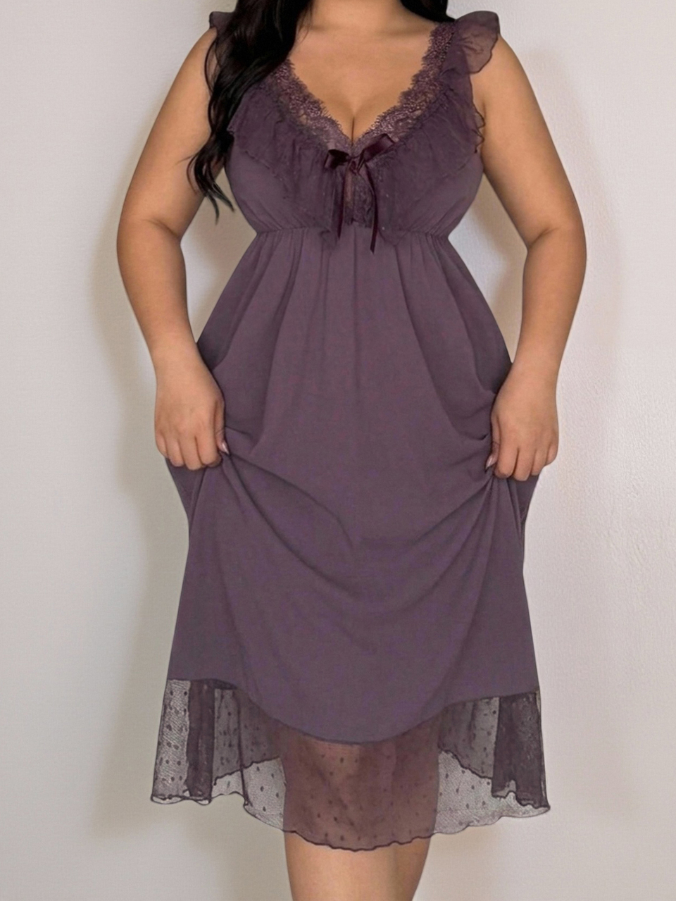 Dazy Plus Romantic Mesh & Lace Patchwork Ruffle Backless Camisole Nightgown