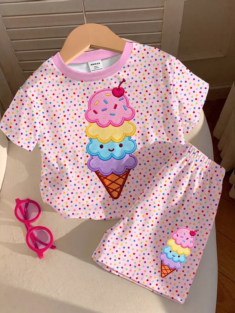 Baby Girl Simple Casual Cute Summer Ice Cream Pattern, Colorful Polka Dot Print, Sweet Creamy Style, Vacation Style, Round Neck Short Sleeve T-Shirt & Leggings Set, Suitable For Spring And Summer, Graphic, Cozy, Girls Outfit Sets, Y2K, Kawaii - Multicolor - View 1