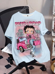 Betty Boop x SHEIN Plus Size Summer Casual Cartoon Print T-Shirt - White - View 3