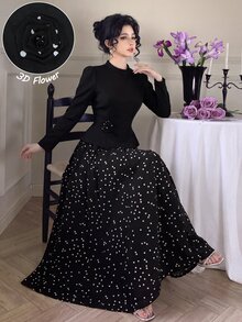 Modelyn 3D Floral Decor Half-High Neck Black Top With Asymmetrical   Polka Dot Two Piece Set  Saudi National Day  Renaissance Outfit Women Business Elegant - Black - View 6