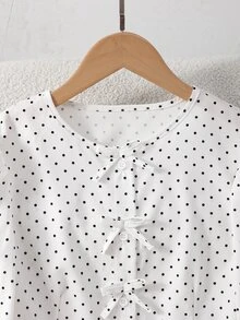 SHEIN 青少年女孩秋季圓領長袖波點上衣，前領蝴蝶結裝飾，泡泡長袖，度假穿搭 - 白色 - 查看 6