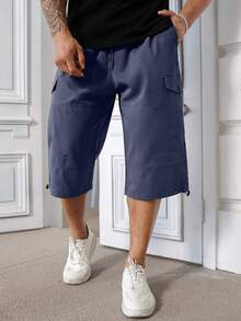 Manfinity Homme Plus Size Men's Casual Sports Drawstring Waist Cargo Shorts, Fashionable & Versatile - Dusty Blue - View 4