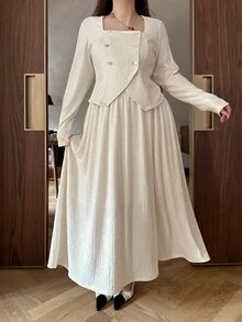 Dazy Plus Solid Color Elegant Double-Breasted Long Sleeve Fitted Top & A-Line Long Skirt 2 Pieces Set, Casual Commute Spring/Autumn - Apricot - View 5