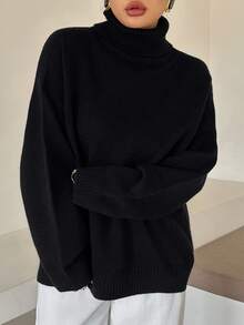 Dazy Plus Solid Color Casual Versatile Loose High Neck Autumn/Winter Long Sleeve Pullover Sweater - Black - View 9