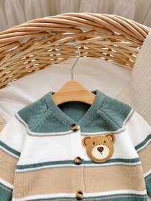 SHEIN Newborn Baby 3D Bear Pattern Colorblock Casual Daily Autumn Cardigan - Green - View 5