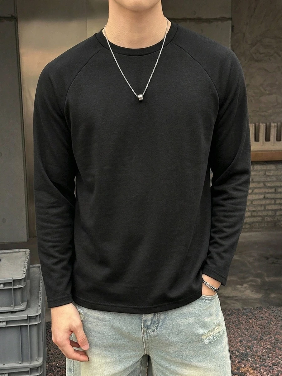 SHEIN 青少年男孩休閒基礎款黑色長袖T恤,適合秋季返校季 - 黑色 - 查看 1