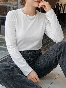Dazy Plus Solid Color Casual Round Neck Versatile All-Match Long Sleeve White T-Shirt Spring/Autumn New Style - White - View 1